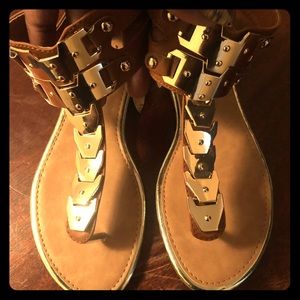 Brown and Gold Traffic Gladiator Sandals!
